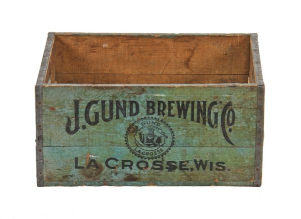 late 19th or early 20th century john gund brewery wooden bottled beer crate with weathered blue paint finish 