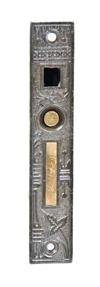 c. 1880's antique american single sliding door "broken leaf" pattern mortise lock with refinished ornamental cast iron faceplate