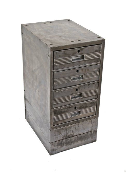 very durable vintage american industrial heavy gauge pressed and folded steel factory multi-drawer cabinet with deeply recessed handles