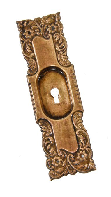 original c. 1900's american art nouveau style "eulalia" pattern stamped wrought bronze interior residential sliding door escutcheon 