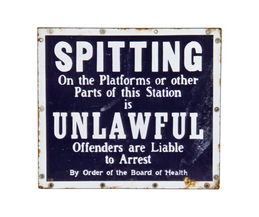 original and hard to find early c. 1915-20 interior new york city subway interborough rapid transit company "no spitting" cobalt blue porcelain enameled informational sign 