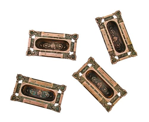 four original and identical c. late 19th century ornamental cast bronze "columbian" pattern interior residential window sash pulls or lifts