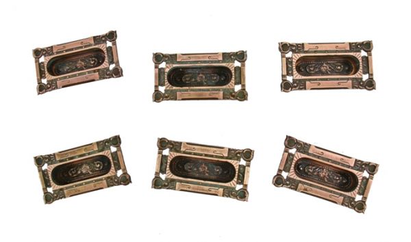 five matching c. 1890's antique american art nouveau cast bronze "columbian" pattern recessed window sash pulls