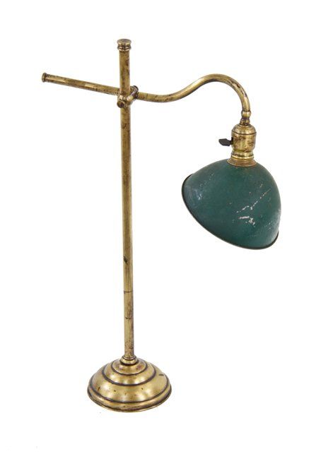 original c. late 19th century american industrial dale "portable" yellow brass desk or table lamp with fully adjustable bent tubular arm 