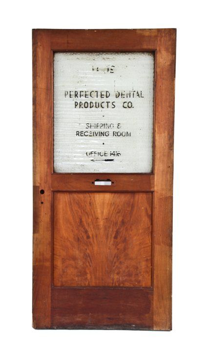 c. 1895 original and intact mahogany wood interior reliance building office  door with textured glass inset containing hand-painted black lettering
