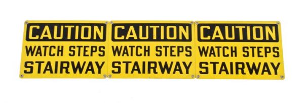 three matching brightly colored single-sided die cut steel hospital boiler room "watch steps" cautionary or danger signs 