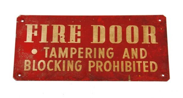 late 1930's brightly colored cherry red enameled vintage american die cut steel "fire door" single-sided factory sign 