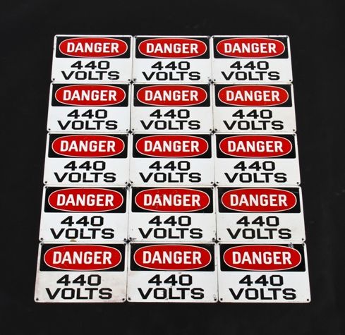 large lot of matching c. 1940''s new old stock single-sided heavy gauge baked enameled steel high voltage danger or cautionary signs 