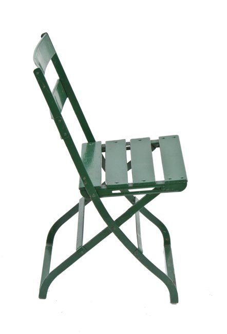 original c. 1930's american vintage green enameled outdoor spectator folding chair with riveted joint steel construction 