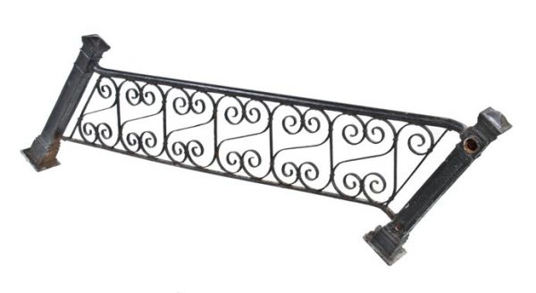 original baked black c. late 19th century american late victorian era ornamental iron exterior residential balustrade with flanking cast iron newel posts 