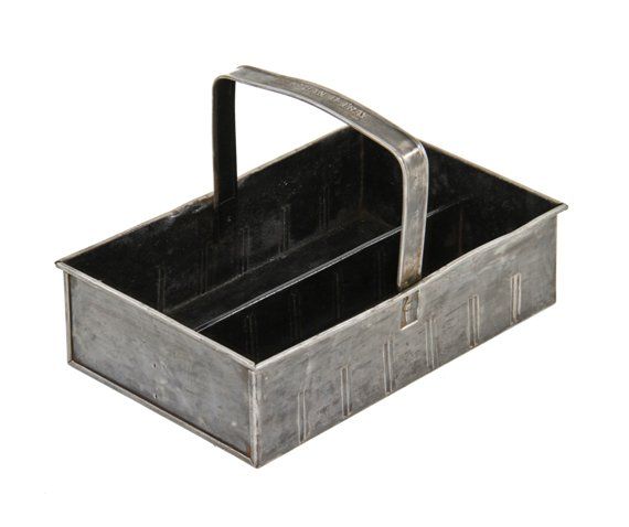 late 1930's vintage american industrial cold-rolled steel "han-d-tray" portable storage tote with oversized rolled rim handle 