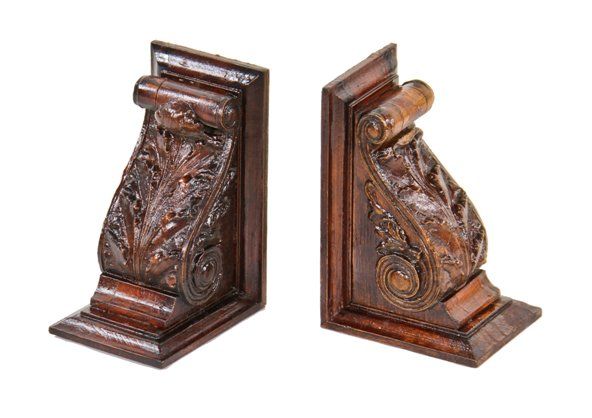 original and intact matching set of late 19th century american victorian interior residential oak wood corbels with stylized gesso ornament 