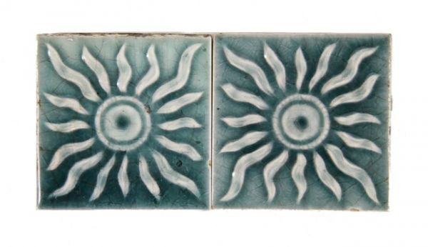 group of three matching early 20th century american pink majolica glazed  fireplace tiles featuring laurel wreaths with flowing ribbons