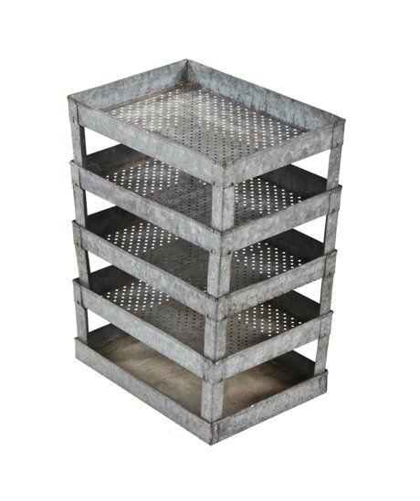 primitive vintage american made multi-tier collapsible galvanized folded and pressed steel drying rack with brazed corner joints 