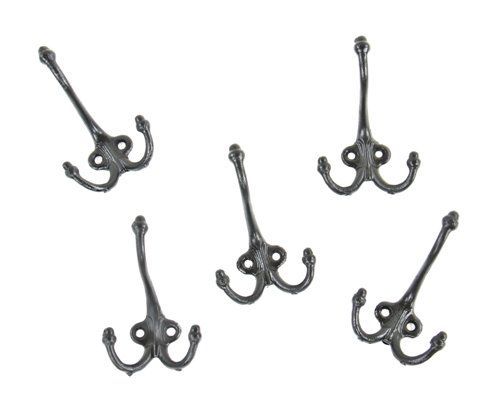 lot of five matching black enameled c. 1900's ornamental cast iron interior  residential coat hooks with detailed acorn finials