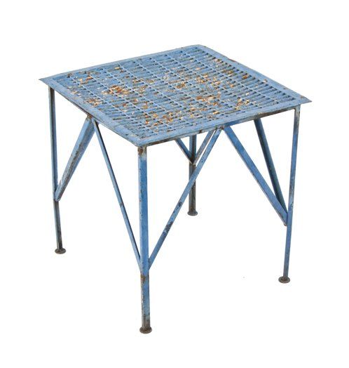 unusual repurposed vintage industrial indoor/outdoor four-legged diminutive stand with welded joint square-shaped floor grate tabletop 