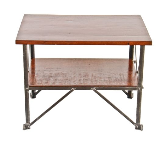 late 1920's repurposed vintage industrial heavy gauge riveted joint steel two tier factory office cart with solid walnut wood tabletop and undershelf 