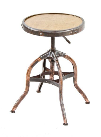 rare original c. 1906-10 american industrial adjustable height factory office "uhl art steel" four-legged stool with original revolving seat containing a birch wood inset