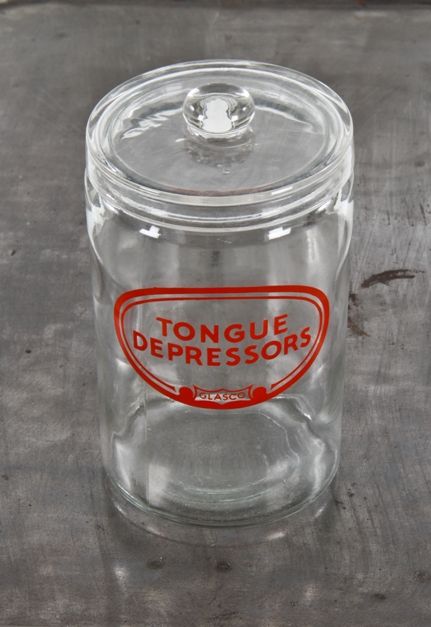 late 1930's vintage american medical reinforced clear glass "tongue depressors" sundry jar with original ground glass lid