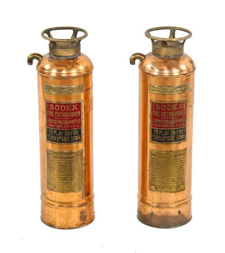 vintage american industrial polished copper "sodex" wall-mount hotel fire extinguisher with intact cast bronze valve wheels 