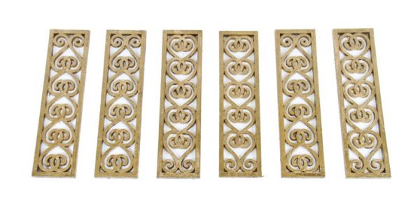 lot of six matching original c. 1920's american interior "new palace" theater house ornamental cast iron balustrade panels with gold enameled finish