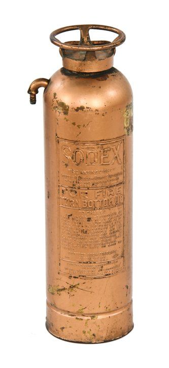 original c. 1920's american vintage industrial metallic gold enameled copper metal "sodex" wall-mount fire extinguisher 