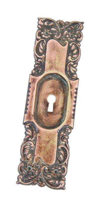c. 1900's american art nouveau style flush mount "cup" handle "eulalia" pattern ornamental wrought brass pocket door plate