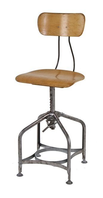 fully refinished c. 1930's vintage american industrial adjustable height toledo stool with spacious saddle seat and strong supportive original backrest 