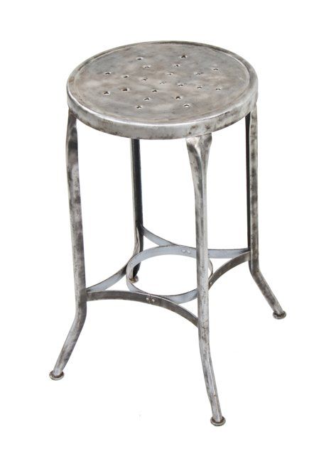 original c. 1940's vintage american industrial brushed steel four-legged "uhl art steel" factory stool with pierced metal seat