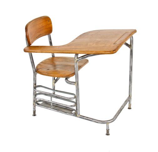 unique c. 1940's machine age streamlined style brushed tubular steel stationary school classroom desk chair with maple seat and tablet arm