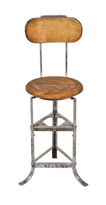 unusual c. 1940's vintage american industrial "rite-hite" three-legged stool variation with contoured backrest and incised ring circular seat