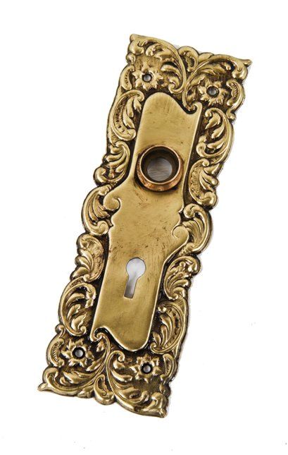 early 20th century art nouveau style stamped ornamental yellow brass interior residential "eulalia" pattern doorknob backplate 