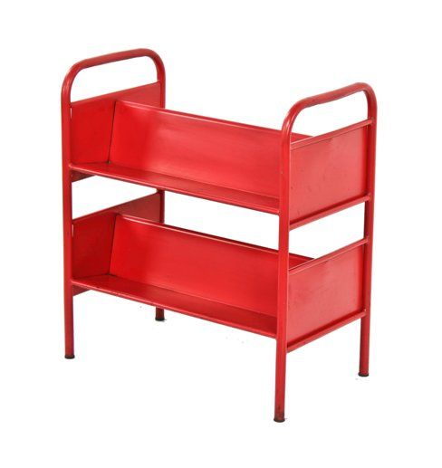 brightly colored cherry red enameled vintage industrial chicago public library double-sided stationary tubular metal angled front book shelving unit