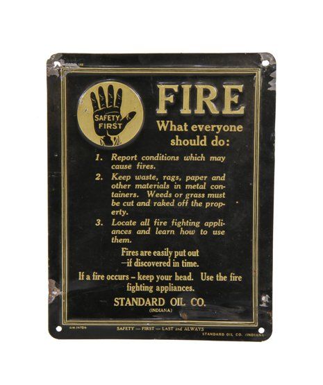 original c. 1914 american single-sided lithographed steel "safety first" fire precaution informational sign with "halting hand" logo