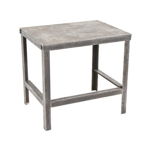 custom-built late 1940's all-welded american industrial brushed heavy gauge steel four-legged angled steel stationary table 
