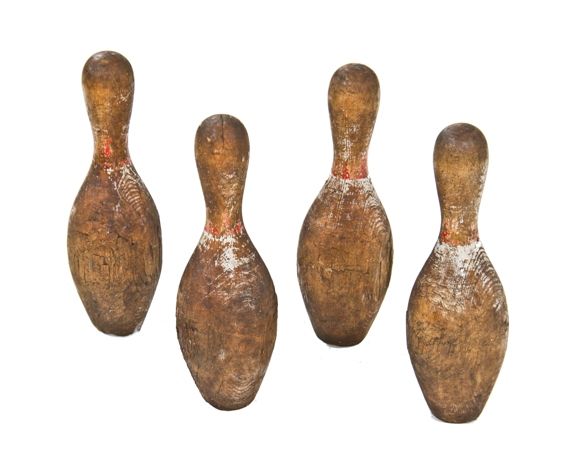Four Antique American Weathered, Wooden Bowling Pins Vintage