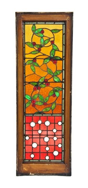 remarkable c. 1886 original and intact david c. cook mansion interior sidelight stained glass window with multiple "uranium" glass faceted jewels