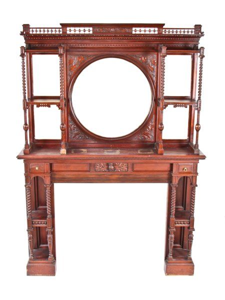 extraordinary all original 19th century american aesthetic movement carved solid mahogany wood residential full fireplace mantel with original dark stained finish 