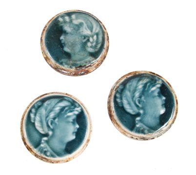 lot of three late 19th century american victorian era vibrant blue majolica glazed diminutive circular-shaped ceramic stove tiles featuring female portraits 