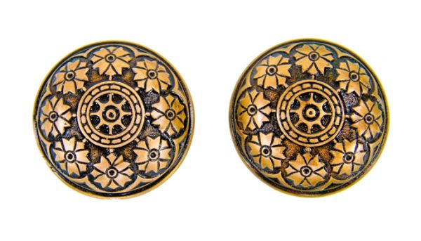 two banded rim 19th century american antique ornamental cast brass passage size interior residential doorknobs with floral rosettes 