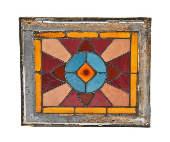largely intact early 1880's american chicago victorian cottage leaded art glass transom window featuring a floral motif with surrounding sun rays
