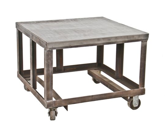 cold-rolled vintage american custom-built heavy gauge steel mobile factory table or cart reinforced with all-welded angled metal frame 