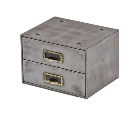 stackable vintage american industrial brushed cold-rolled sheet steel watch repair shop storage cabinet with cast brass combination drawer finger pulls and label holders