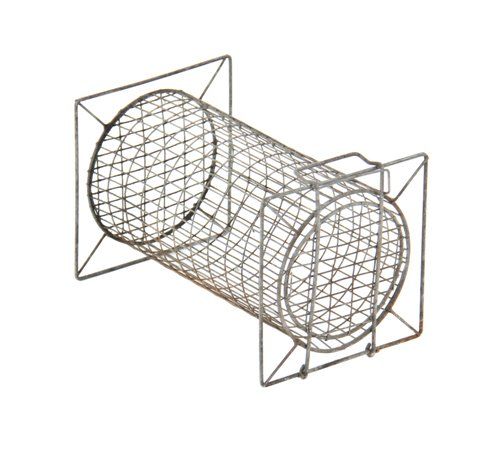 unusually designed early 20th century portable cylindrical-shaped wire mesh live animal cage trap with drop-down door and carrying handle 