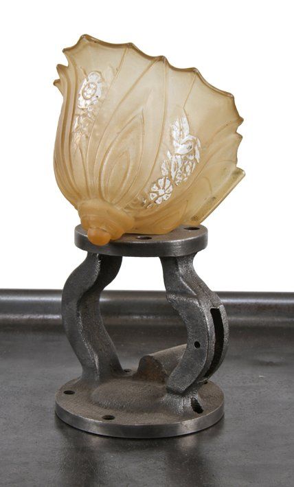 highly ornate american art deco c. 1930's peach colored baked enameled pressed glass light fixture replacement slip shade