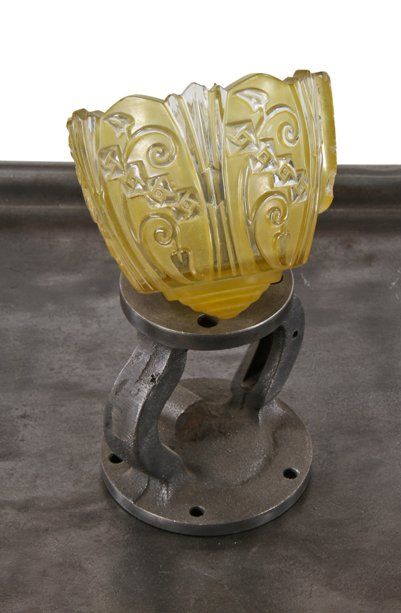 attractive depression era american art deco style two-tone amber enameled pressed ornamental glass slip shade with embossed floral motifs