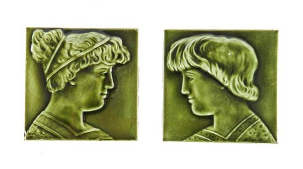 all original late 19th century american victorian era interior residential olive green majolica glazed fireplace portrait tile set with allover surface crazing 