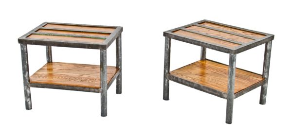 matching set of repurposed vintage american industrial all-welded joint tubular steel four-legged side tables with custom oak wood insets