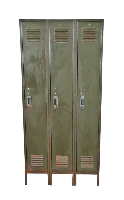 original and intact c. 1940's american industrial munitions plant three-unit freestanding army green enameled heavy gauge steel locker with louvered doors
