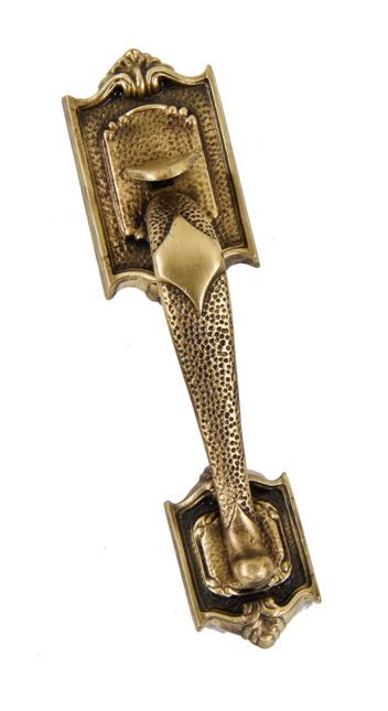 c. 1930's american made ornamental cast brass spanish revival style exterior residential thumblatch door handle with oil-rubbed bronze enameled inlay